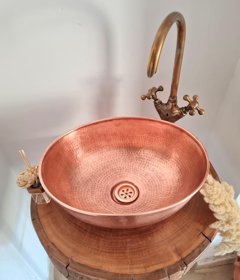 Solid Copper Sink For Bathroom | Rustic Countertop Brass Washbasin | Custom Made Vessel Sink | Hammerd Moroccan Sink | Vanity Sink With Free Brass Drain (14 Inch)