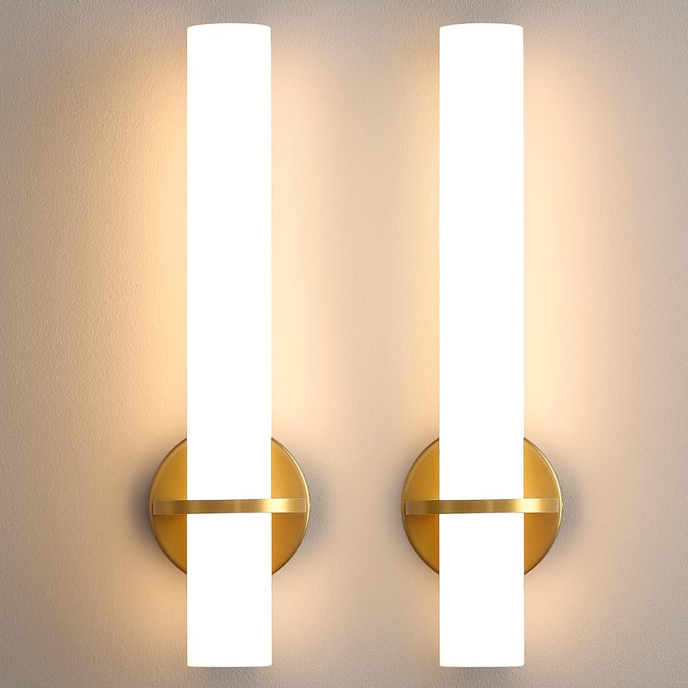 Gold Wall Sconces Set of Two - Dimmable Modern Sconces Wall Lighting 18W 3000K Led Wall Lights Acrylic Lampshade Hardwired Wall Light Fixtures for Living Room Bedroom Bathroom Hallway 18inch
