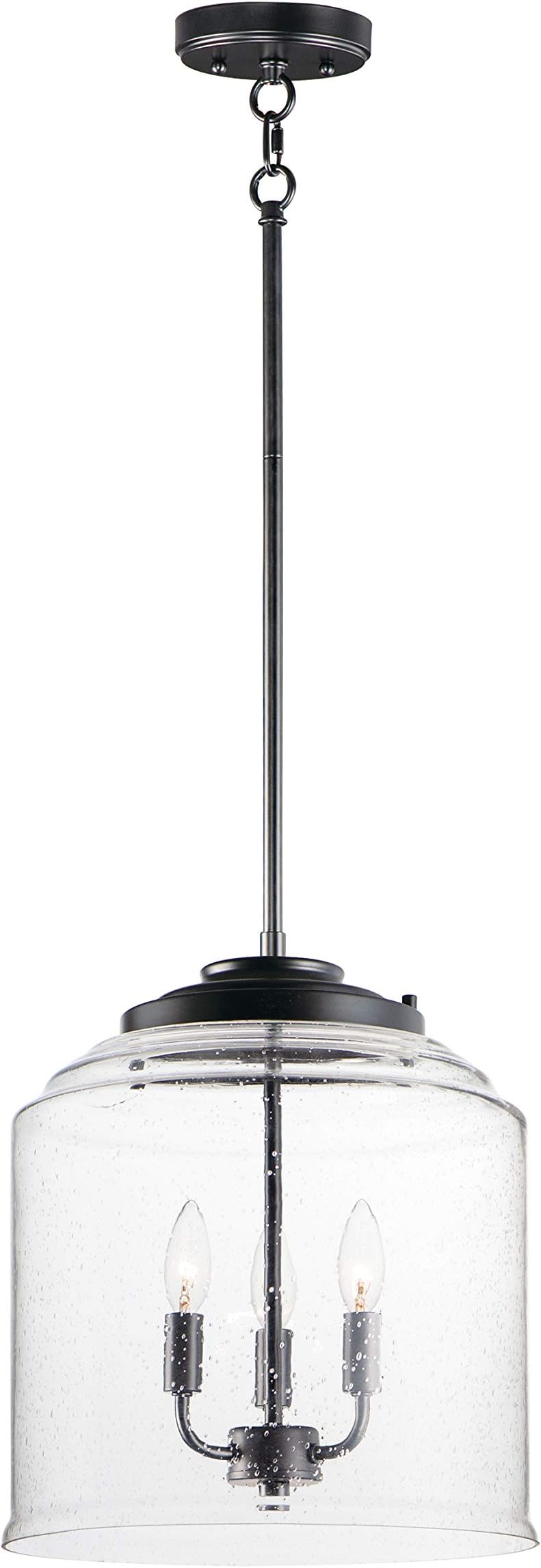 Maxim 12273CDBK Acadia Three Candelabra Light Seedy Glass Bell Foyer Pendant I 180 Watts I Black Finish I Steel Frame I Modern Contemporary Light Fixture I