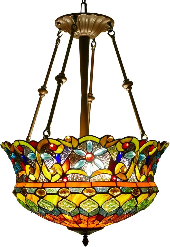 Tiffany Ceiling Light Fixture 18 Inch Wide Stained Glass Chandelier Multi-Colored Flowers Style Semi Flush Mount Lamp Tiffany Ceiling Lamp