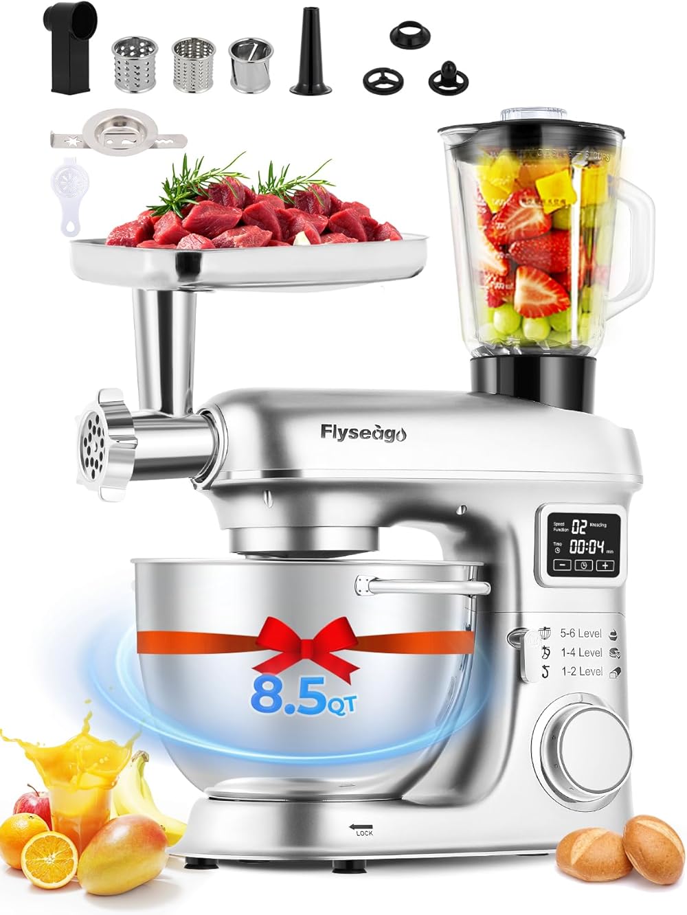 Stand Mixer 8-IN-1 8.5 Qt Multifunctional Fermentation Electric Kitchen Mixer 6 Speed Tilt-Head with Stainless Steel Bowl, 1.5L Glass Jar, Meat Grinder, Dough Hook, Whisk, Pasta Attachment