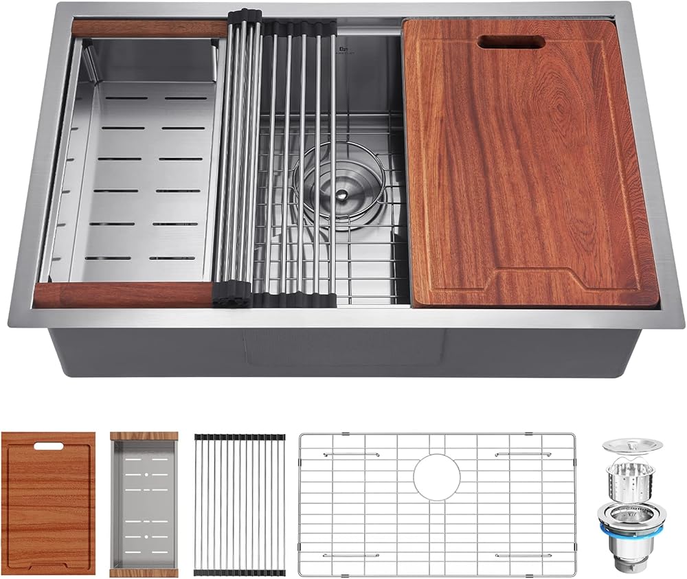 Kitchen Sink, 27 Inch Undermount Kitchen Sink, Deep Single Bowl Stainless Steel Kitchen Sink 16 Gauge with Nano Coating & Brushed Finish, Handmade Workstation Sink with Ledge and Accessories