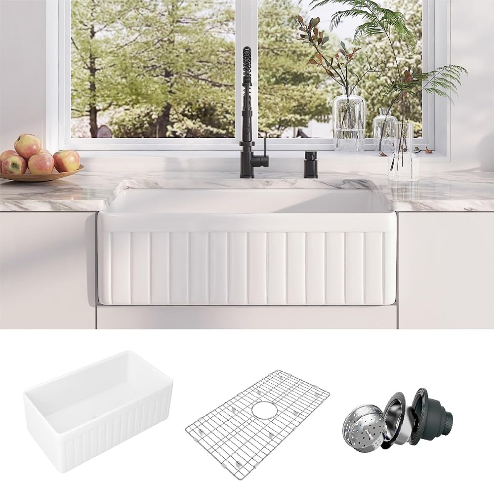 Farmhouse Sink, Eridanus 33 Inch x 18 Inch White Farm Sink Fireclay Farmhouse Kitchen Sink Reversible Apron Sink Undermount Kitchen Sink Deep Single Bowl with Bottom Grid and Strainer Drain