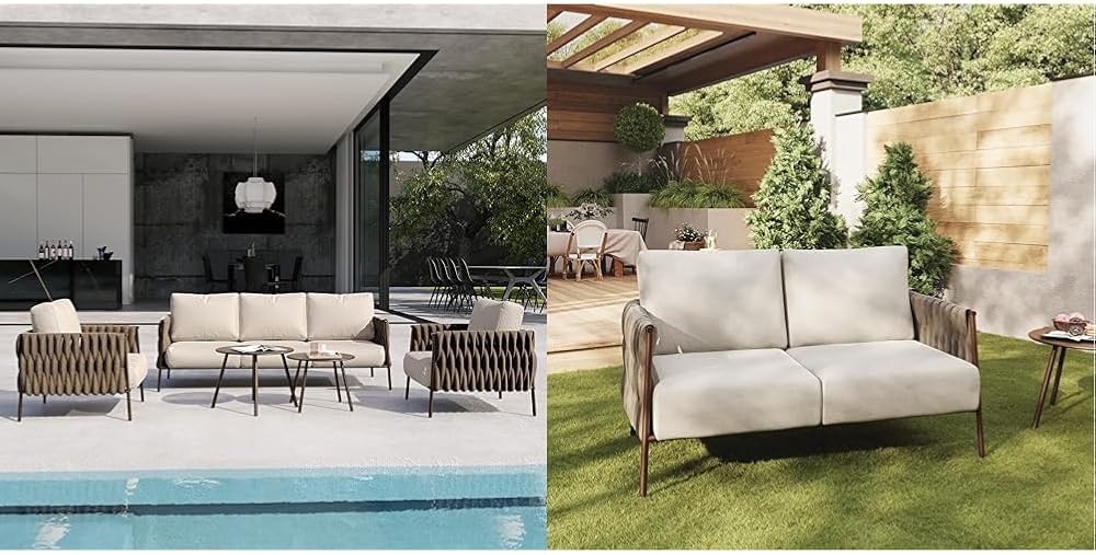 EAST OAK 5-Piece Chestnut Brown & Creamy Apricot Patio Furniture Set with Sofa, Armchairs, Coffee Tables