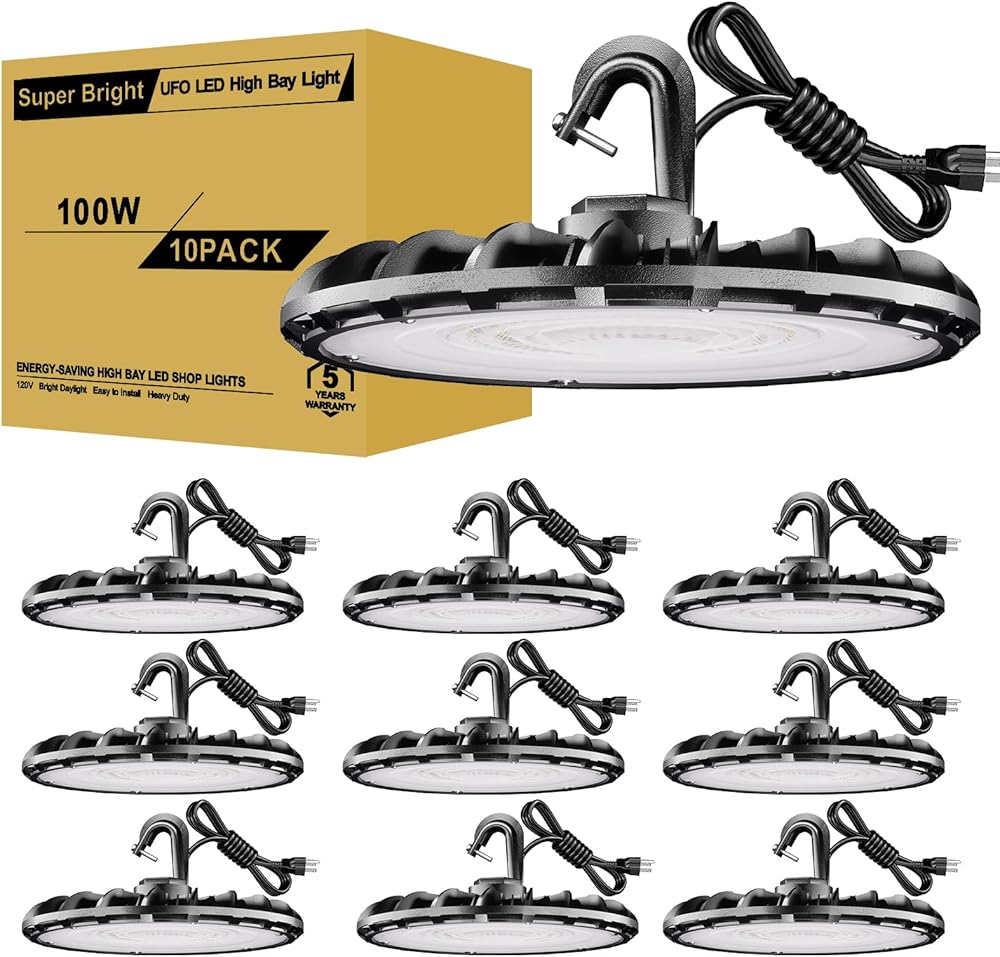 UFO LED High Bay Light 100W 10Pack, High Bay LED Shop lights 5000K 11,000Lm with US Plug, Hanging Hook, Safe Rope, Waterproof Commercial Bay Lighting for Warehouse Factory Barn Shop - UL Listed