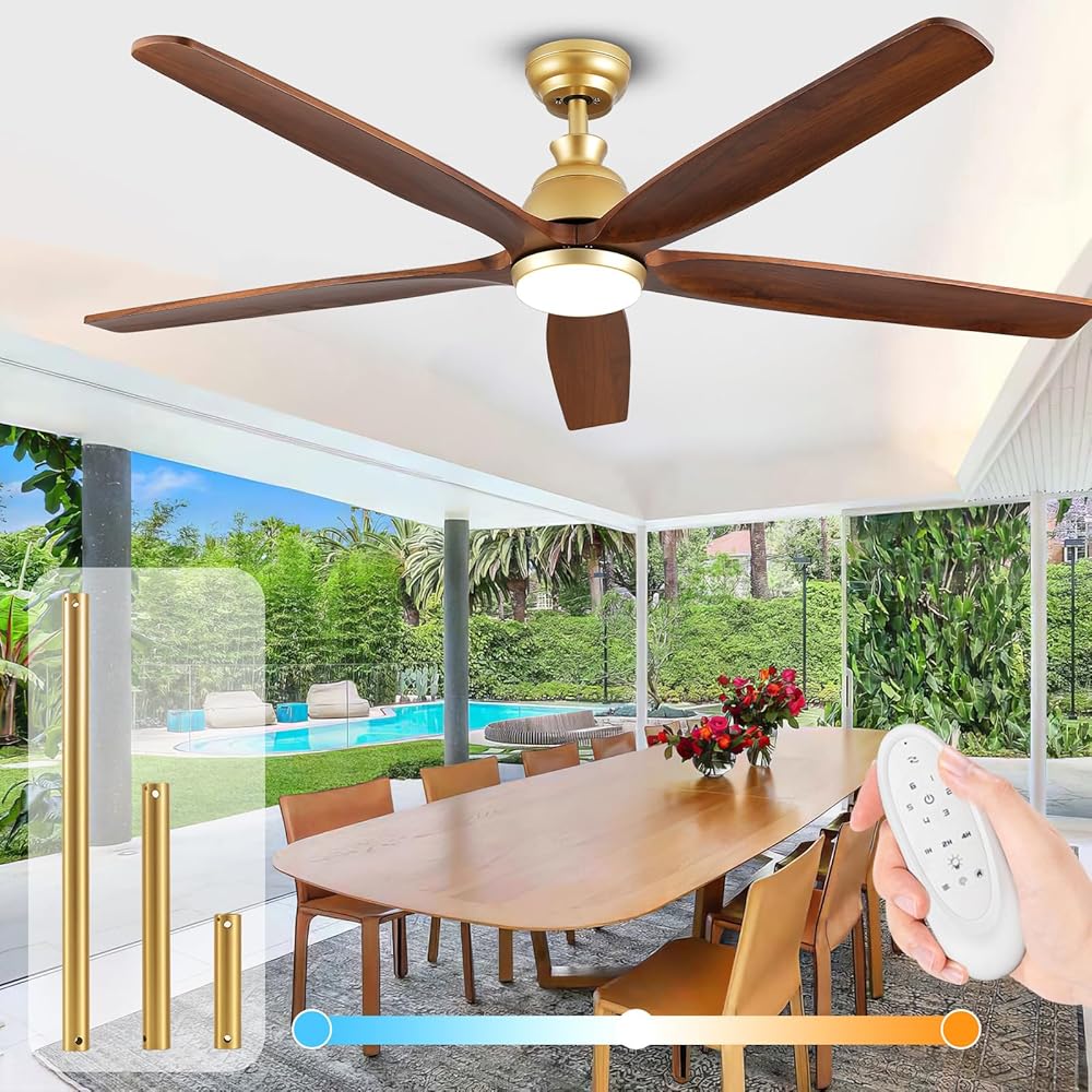 60 Inch Large Ceiling Fan with Light and Remote, Modern Farmhouse Gold Ceiling Fans with Lights, 5 Wood Blade, Large Airflow Quiet Ceiling Fan for Outdoor Patios, Bedroom, Living Room
