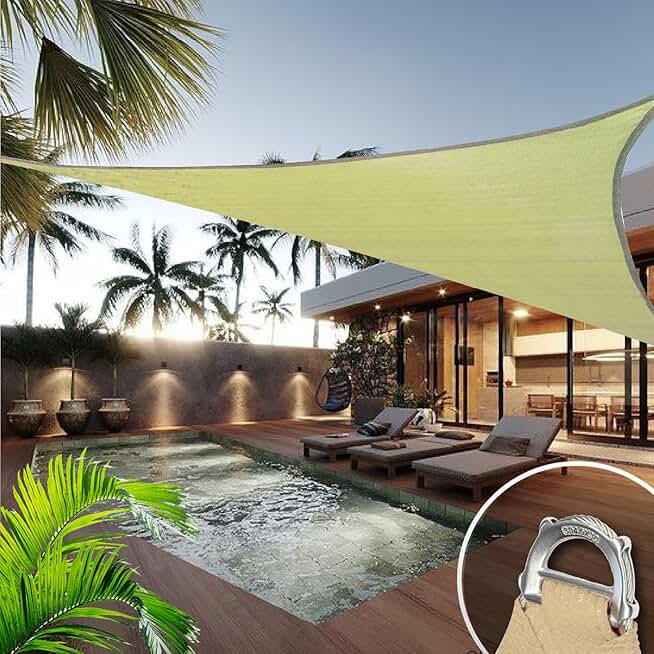 Reinforced Wire Ring 32' x 32' x 32' Beige Triangle Shade Sail, Commercial Grade Canopy, Reinforced Corners and Edges