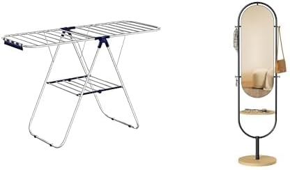 SONGMICS Clothes Drying Rack, with Bonus Sock Clips, Stainless Steel Gullwing Space-Saving Laundry Rack,Full-Length Floor Mirror, 3-in-1, Modern Standing Full Body Mirror, 16.5 x 18.9 x 68.9