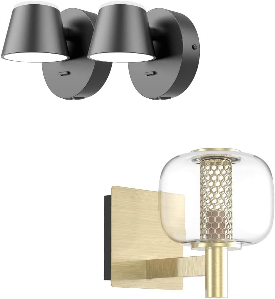 110 Volt Hardwired Wall Sconce 2 packs with On/Off Switch USB Charging Port+single Brushed Brass Bathroom Vanity Light with Clear Glass LampShade Compatible with G9 Bulb 5 inch