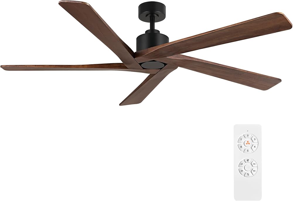 WINGBO 64 Inch DC Ceiling Fan without Lights, 5 Reversible Carved Solid Wood Blades, 6-Speed Noiseless DC Motor, Ceiling Fan No Light with Remote, Matte Black Finish with Walnut Blades, ETL Listed