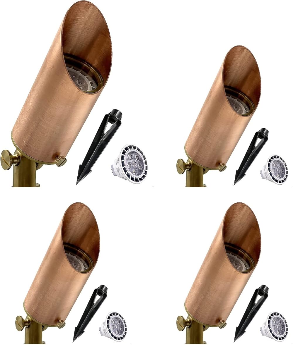 Brass Spot Lights Outdoor LED Landscape Lights – 109 Professional Grade Copper 12V Low Voltage Landscape Lighting with Bulbs 7W IP 65 Waterproof Metal Up Light for House Pathway Trees Plants (4 Pack)