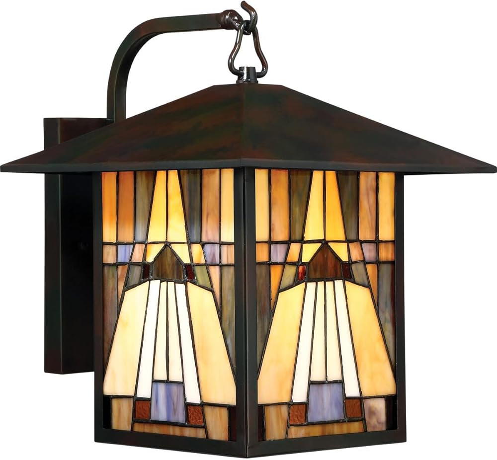 TFIK8411VA Inglenook Exterior Lighting Tiffany Style Classic Geometric Handcrafted Orange Yellow Brown Art Glass Outdoor Wall Lantern, 1-Light 150 Watt, 14
