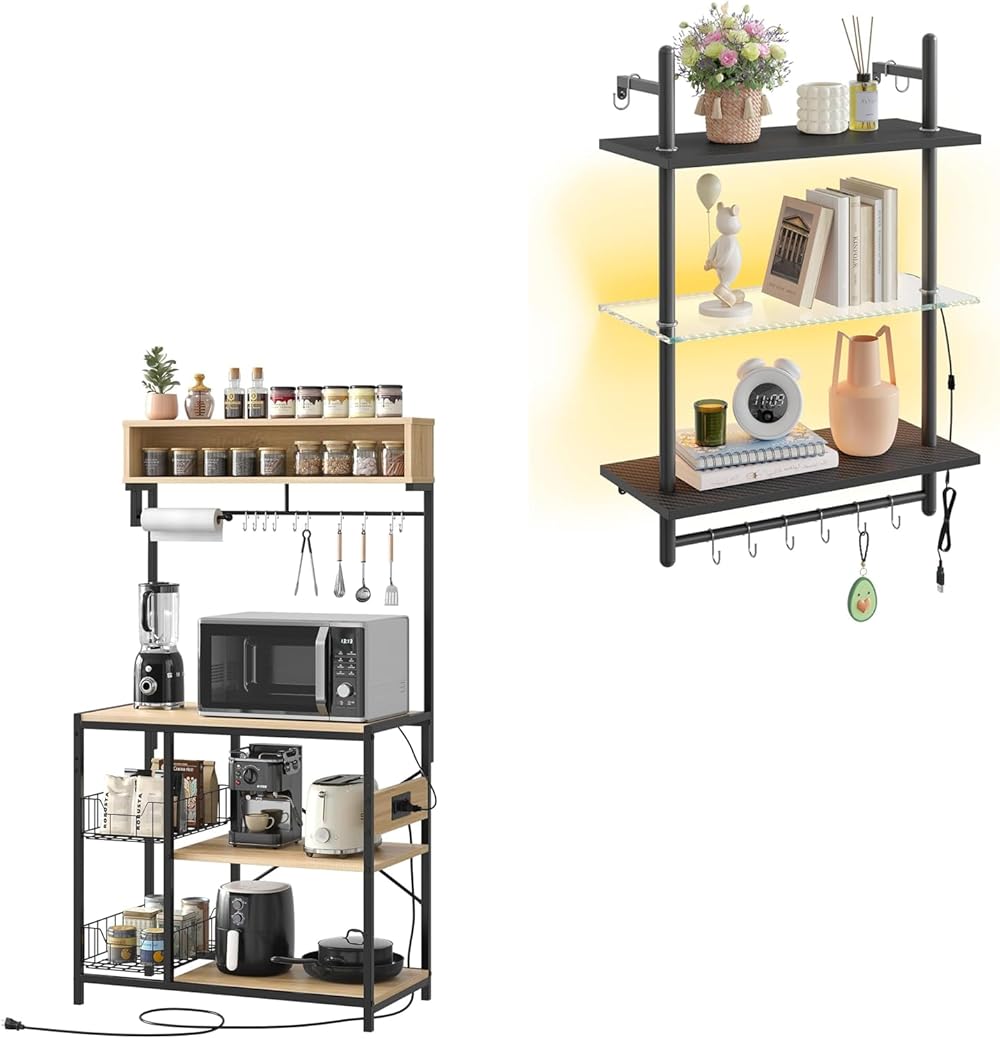 Bakers Rack with Power Outlet Bundle with 23“ LED Gaming Floating Shelves