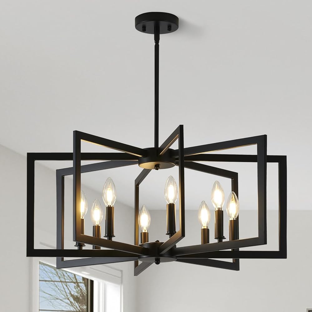 Black Chandelier for Dining Room, 8-Light Kitchen Chandelier Light Fixture Modern Metal Industrial Large Chandeliers for Farmhouse Entryway Living Room (E12 Bulbs Not Included)