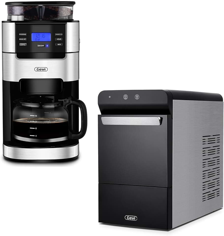 Gevi Countertop Nugget Ice Maker Black with Extra Insulation, 10-Cup Drip Coffee Maker with Built-in Grinder