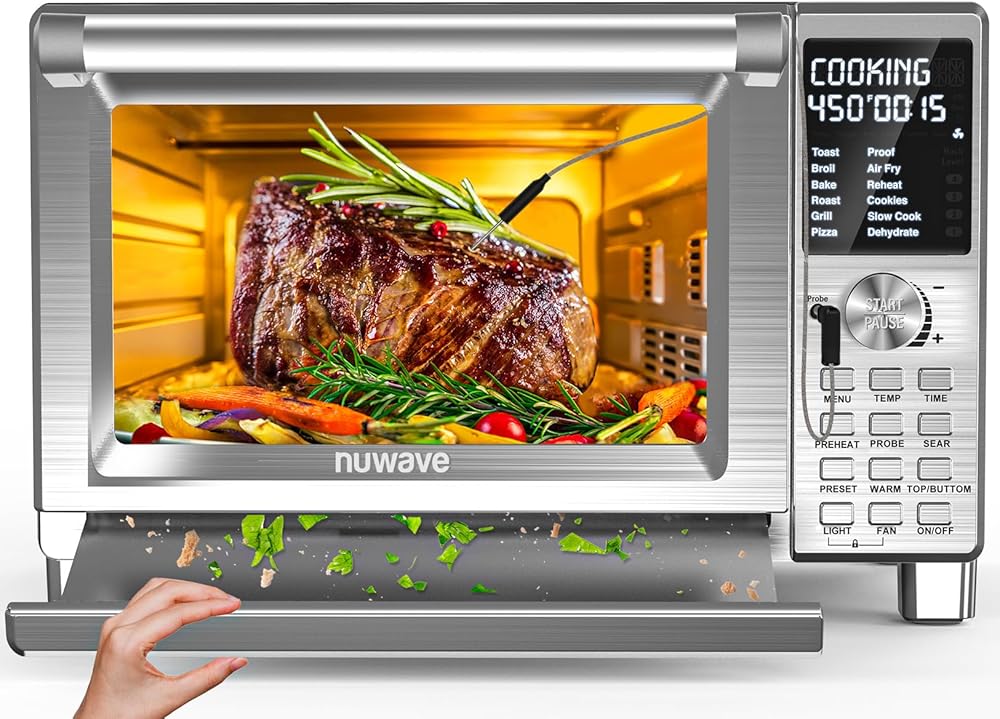 Nuwave Bravo XL Pro Air Fryer Toaster Oven, Improved 100% Super Convection, Quicker & Crispier Results, 112 Presets, Multi-Layer Even Cooking, 50-500F, Smart Probe, PFAS Free, 30QT, Stainless Steel