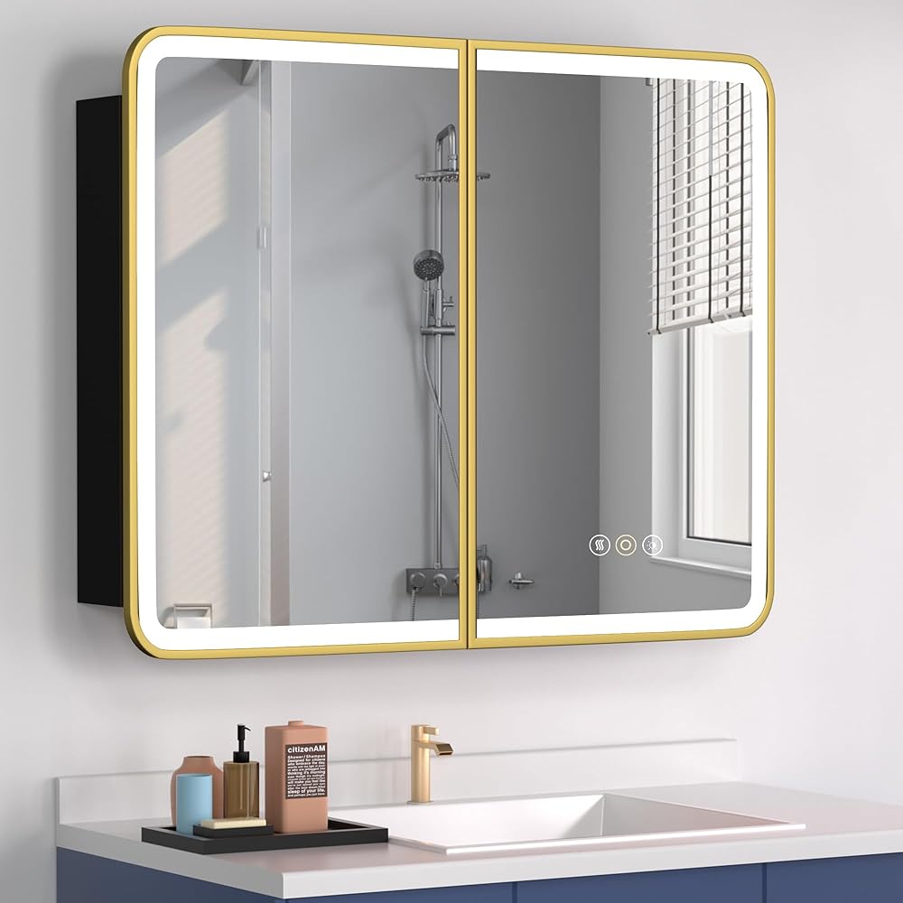 Medicine Cabinet with LED Lights and Mirror, 32W x 30H Inch Wall or Recessed Mounted Bathroom Cabinet with Left Open Door, Storage Shelf, Defogger, Memory Function, 3-Color Mode, Dimmer, Gold