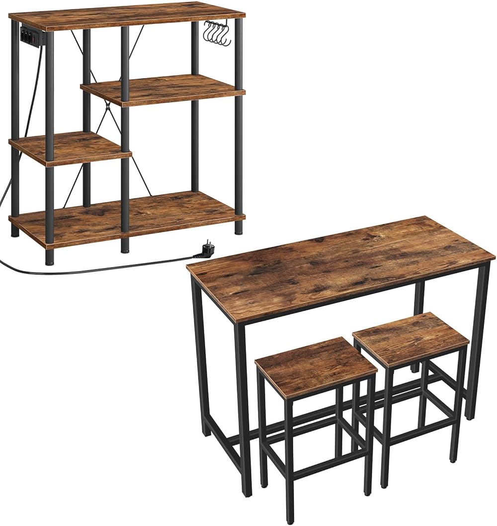 Bakers Rack with Power Outlet, Bar Table and Chairs Set, 47.2” Rectangular Pub 2 Stools, 3-Piece Breakfast Set for Kitchen Living Room BF07UHB01-BF52BT01