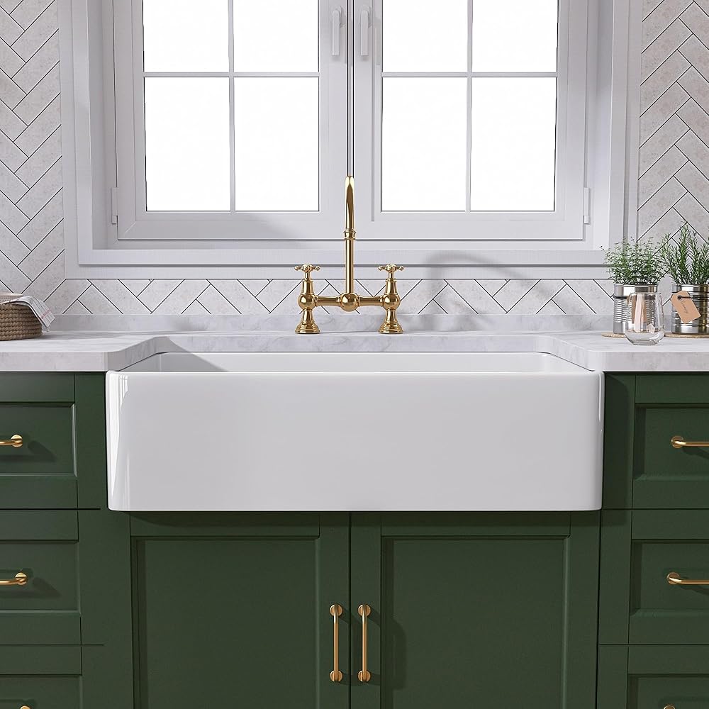 White Farmhouse Sink 30 Inch Farm Sink Fireclay Apron Front Single Bowl Kitchen Sinks Deep Drop In Undermount Kitchen Sink Luxury Bottom Grid & Strainer Drain Included