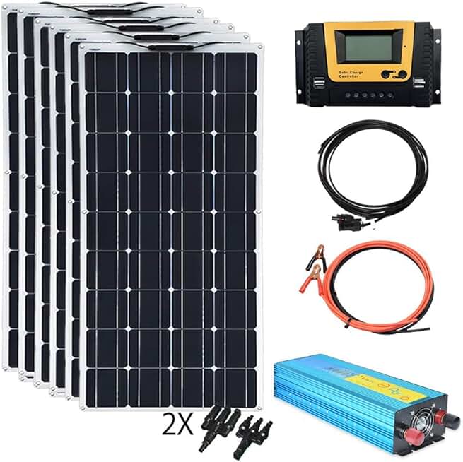 XINPUGUANG 100w 12V Flexible Solar Panels 600W 24V Solar System Kit Monocrystalline Cell Module 45A Controller 2000w Inverter for Off Grid Solar Battery Charger for Home Cabin RV Boat Trailer(600W)
