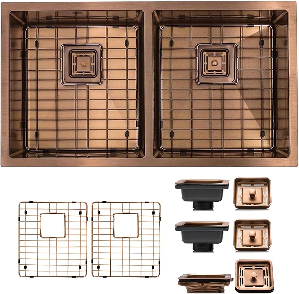 Strictly Sinks 32 Inch Undermount Double Bowl Kitchen Sink – Copper Kitchen Sink Designer Shelf Accessory 16 Gauge Stainless Steel – With Bottom Grid, 1 Disposal Adapter and 2 Strainer Drains
