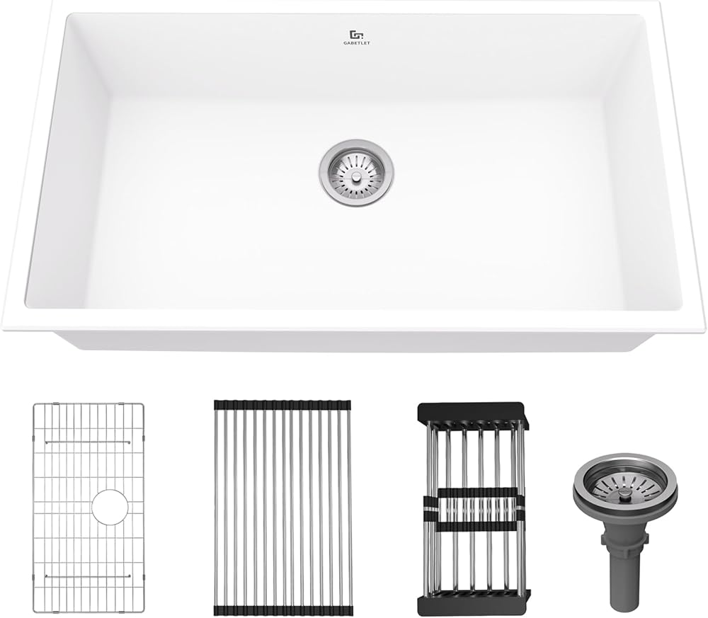 Quartz Kitchen Sink, 32 Inch White Undermount Kitchen Sink, Deep Single Bowl Granite Composite Kitchen Sink, Modern Sink Providing Complete Accessories, Spacious Workspace and Easy Cleaning