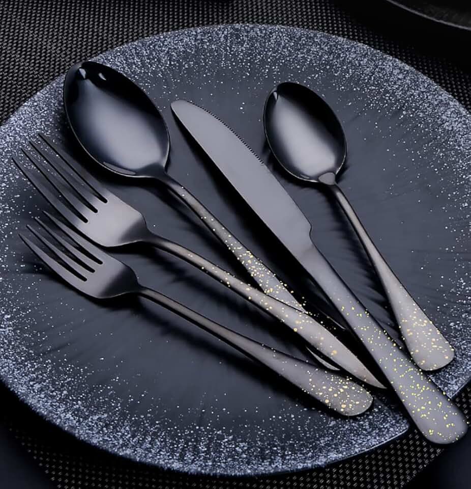 50 Piece Matte Black Silverware Set for 10 Stainless Steel Flatware Cutlery Set Knives Fork Spoons Tableware Dinnerware Utensils Set for Home Kitchen Restaurant Wedding Unique Black Patterns