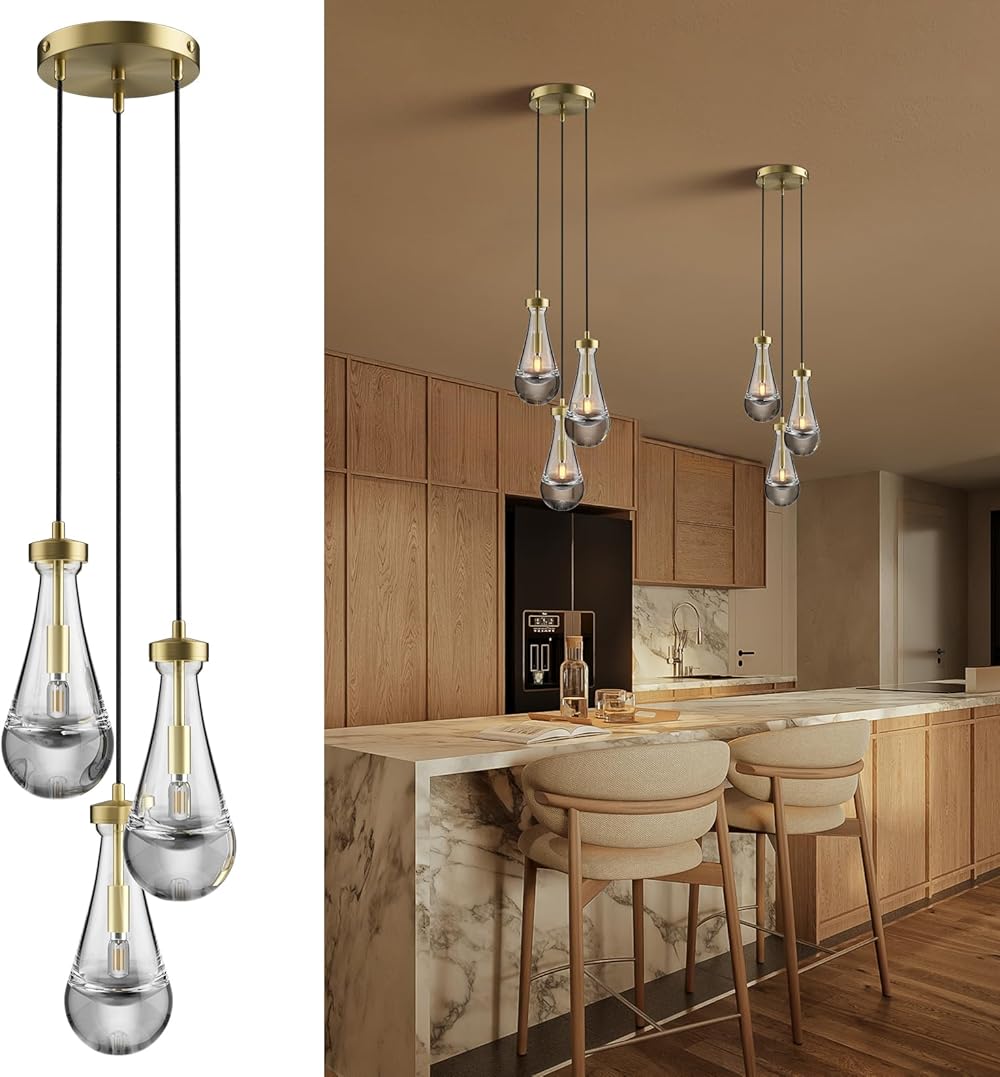Raindrop Pendant Lights,Gold Teardrop 3 Light Pendant Lighting Adjustable Hanging Rope Pendant Light Kitchen Island