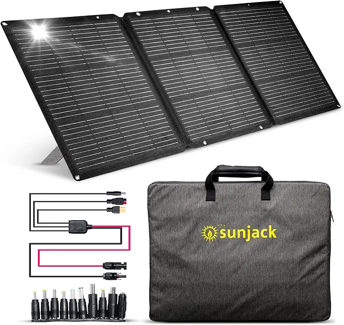 SunJack 120W Folding Portable Solar Panel with Kickstands, MC4/PD60 USB-C/USB-A Solar Charger, IP67 Waterproof for Power Station Generator Battery and Outdoors, Off Grid, Camping, RV, Power Outage
