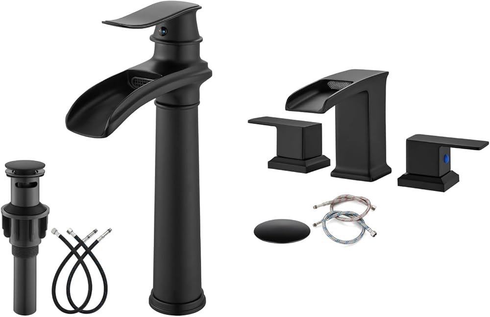 gotonovo Matte Black Waterfall Vessel Sink Faucet Deck Mount Water Tap with Pop Up Drain and Widespread Bathroom Faucet Double Handles with Pop Up Drain