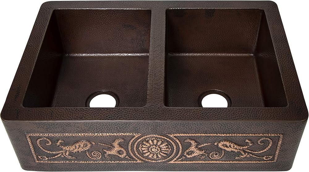 Farmhouse Copper Kitchen Sink, Double Well 50/50 Flowers Design Straight Apron Hammered Copper, Dark Finish and Clear Color Design, 33”x22”x9”