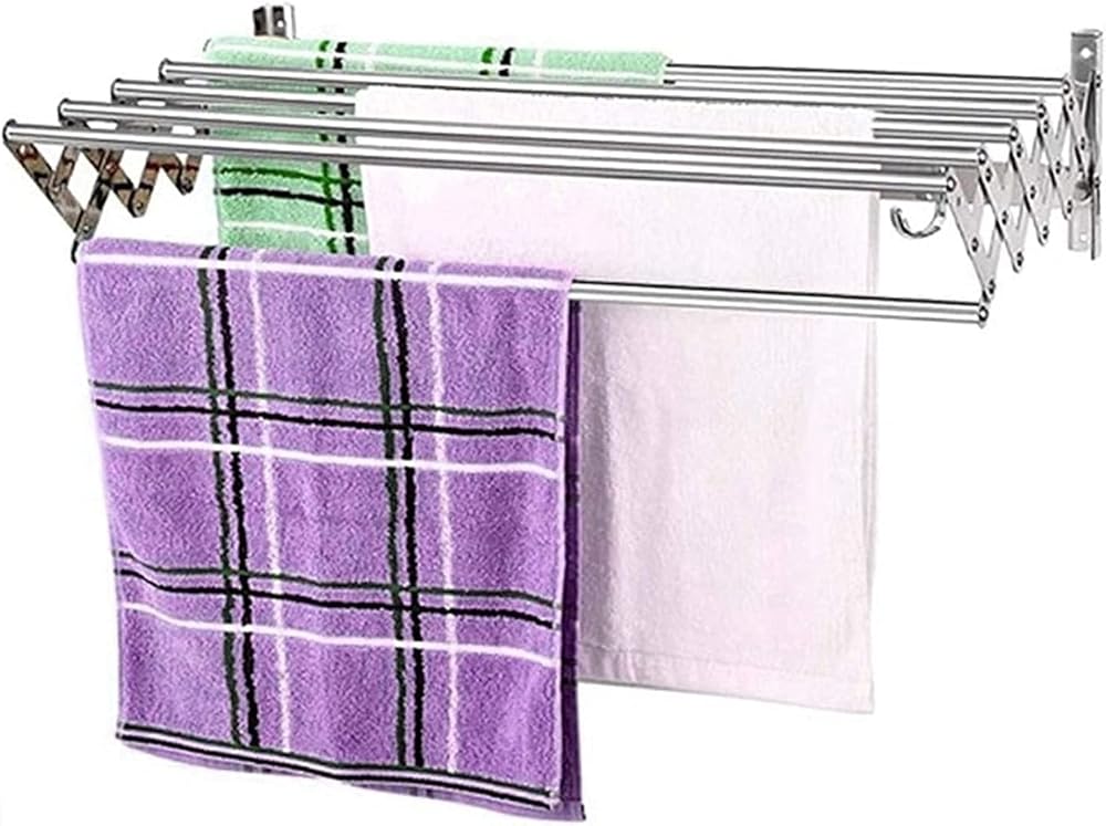 Clothes Airer Laundry Drying Rack Stainless Steel Wall Mounted Towel Rack Folding Adjustable Collapsible Space Saver Dryer with Hooks Easy Storage (Size : 90cm/35.4in)