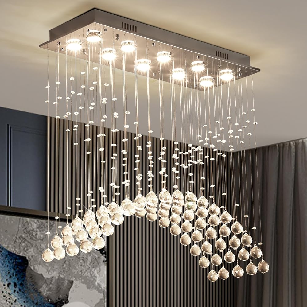 Depuley Modern Raindrop Crystal Chandelier, Rectangular Crystal Pendant Light Fixtures, 10-Light Rectangle Crystal Chandeliers Light for Dining Room Kitchen L31.5 x W 11.8