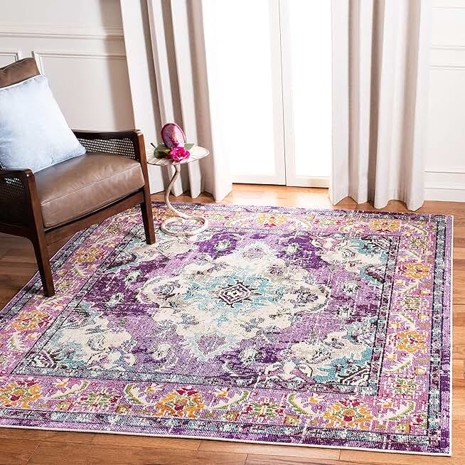 SAFAVIEH Monaco Collection 9' Square Violet/Light Blue MNC243L Boho Chic Medallion Distressed Non-Shedding Living Room Bedroom Dining Home Office Area Rug