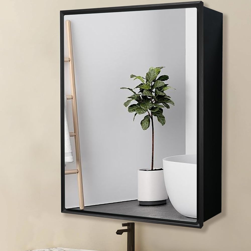Bathroom Medicine Cabinet with Brush Nickel Aluminum Framed Mirror,Surface Mount Bathroom Vanity Mirror Cabinet with Single Door,Bathroom Mirror with Storage Cabinet (Black, 24