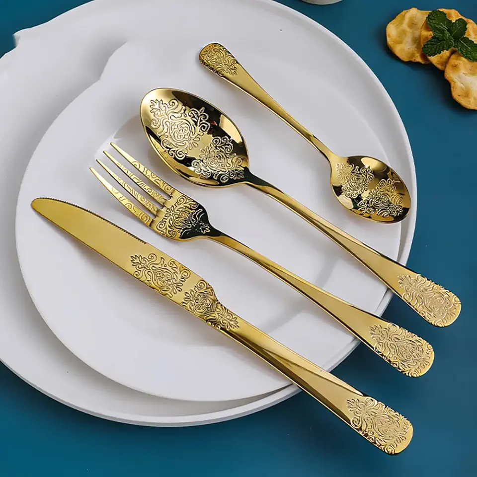 Gold Silverware Flatware Set for 8 Unique Pattern Design Gold Kitchen Eating Utensils Dinnerware Set for Restaurant Hotel Family Gatherings & Daily 32 Pieces Tableware Cutlery Set