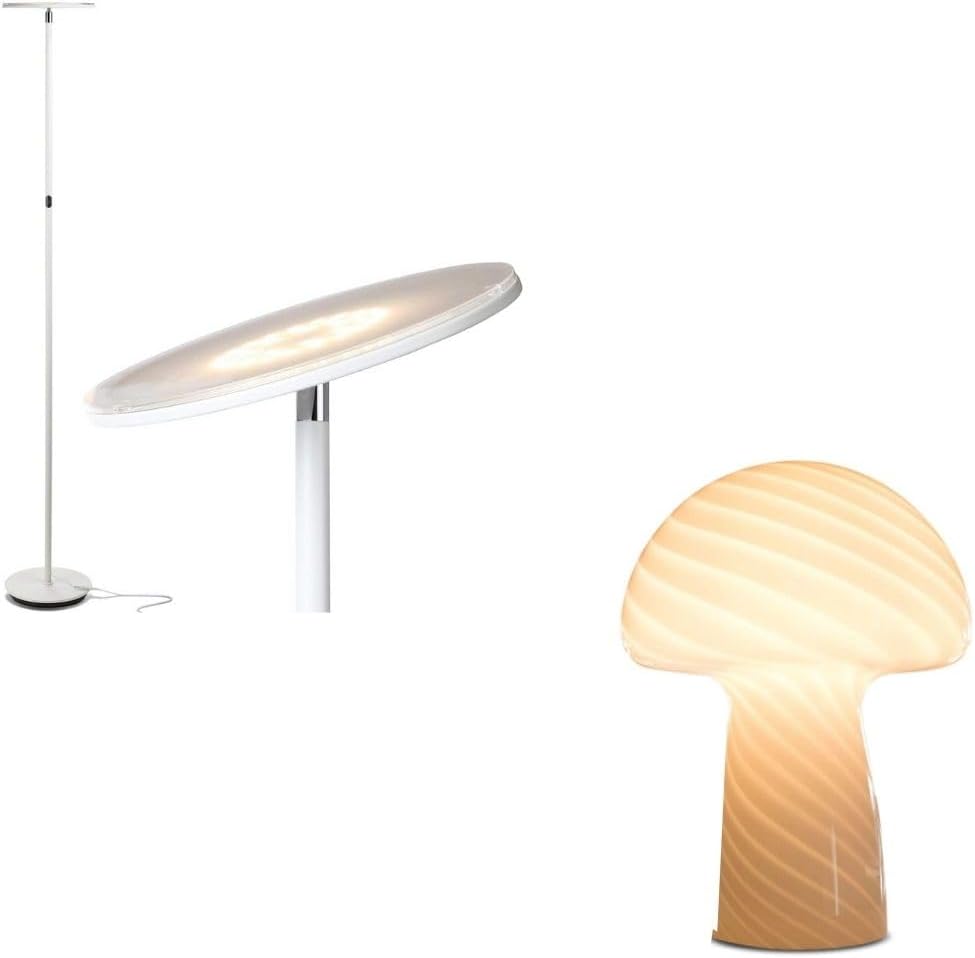 Brightech Bundle: Sky LED Torchiere Floor Lamp BUNDLED with Mushroom Frosted Glass LED Table Lamp - White