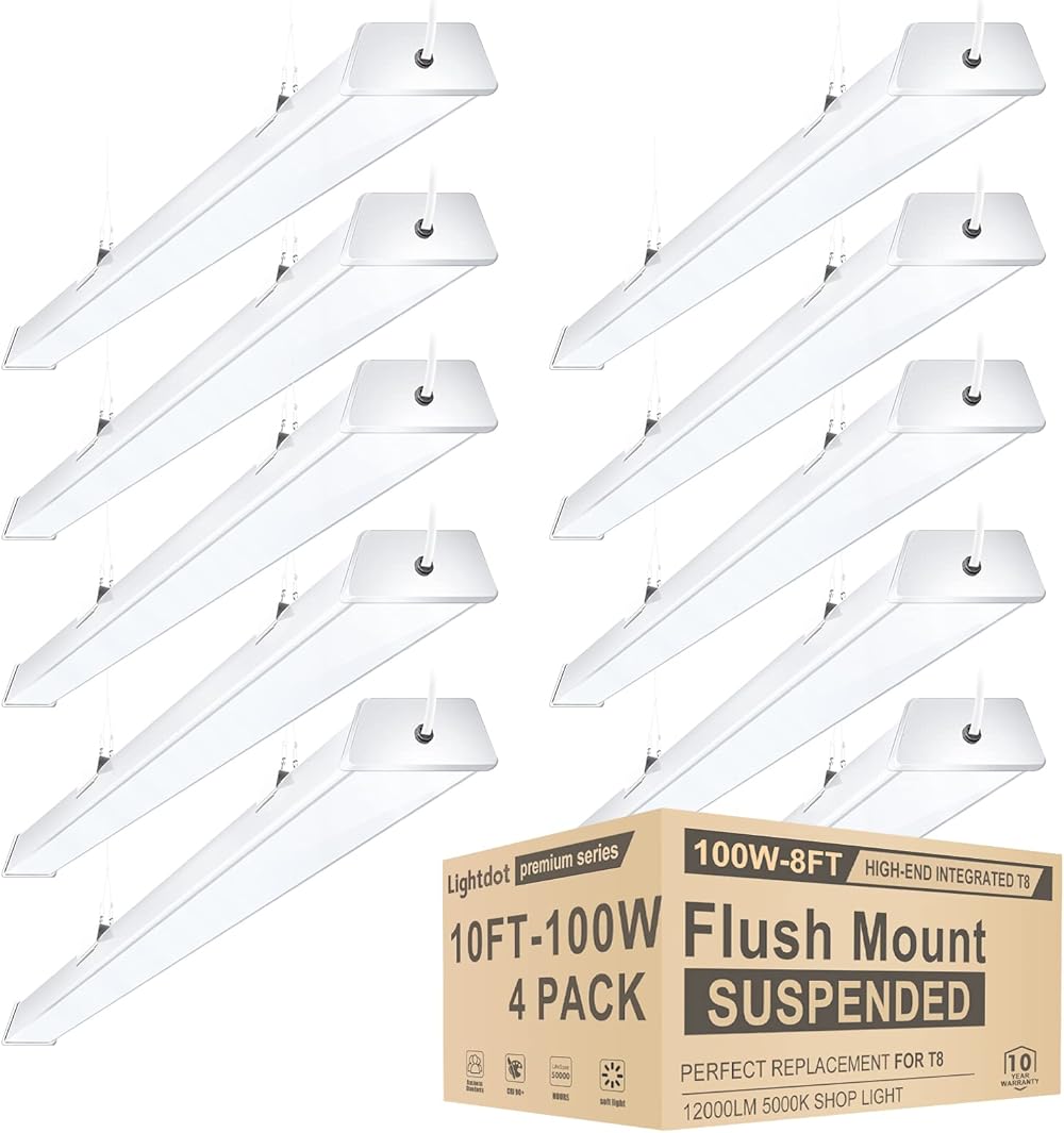 Compact 8FT LED Shop Light, 100W[Eqv. to 400W HPS/WH] LED Shop Light 8FT with 5FT Cord Switch, Surface/Suspension Mount Commercial Lighting for Workshop, Energy-Saving up to 3650W/5Y(5hrs/Day) 10Pack