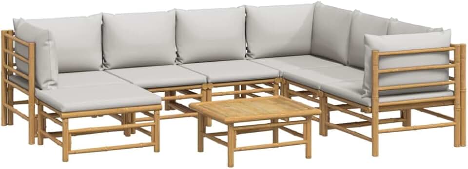 vidaXL 8-Piece Bamboo Patio Lounge Set - Outdoor Furniture with Soft Light Gray Cushions - Includes Middle & Corner Sofas, a Footstool and Table for Garden