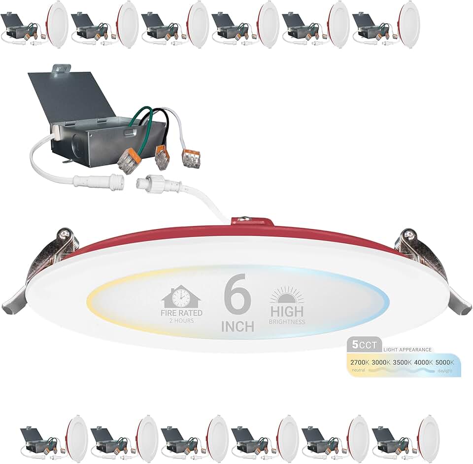 NUWATT 12 Pack, 6 Inch 2 Hour FIRE Rated Ultra-Thin LED Recessed Light, 2700K/3000K/3500K/4000K/5000K Selectable, 1200 Lumens, Dimmable, IC Rated, Wet Rated Canless LED Downlight, No Fire Cone Needed