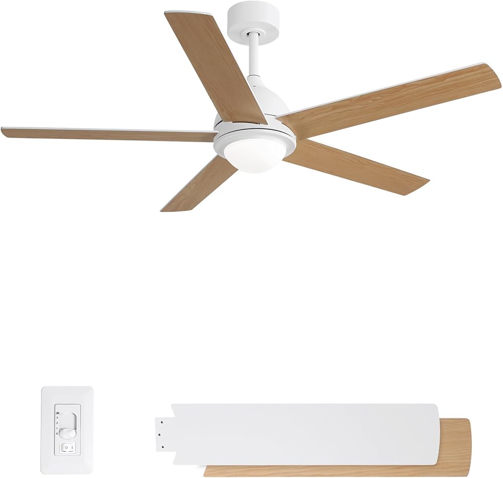 52 Inch Ceiling Fan with Light, Flush Mount Ceiling Fans with Wall Remote, 5 Double-sided Wood Blades, Noiseless AC Motor, and 3 Downrods