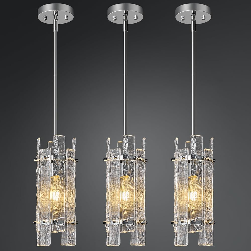 Modern Crystal Pendant Lighting Chrome Pendant Lights Mini Glass Chandeliers, Adjustable Pendant Light Fixture for Kitchen Island Bedroom Living Room Dining Room Corridor(3Pack)