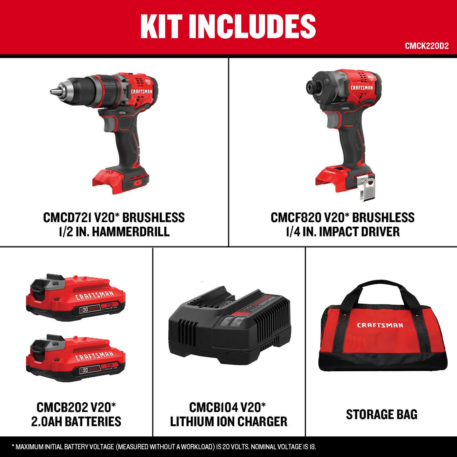 CRAFTSMAN V20 2-Tool Brushless Power Tool Combo Kit with Soft Case (2-Batteries Included and Charger Included)