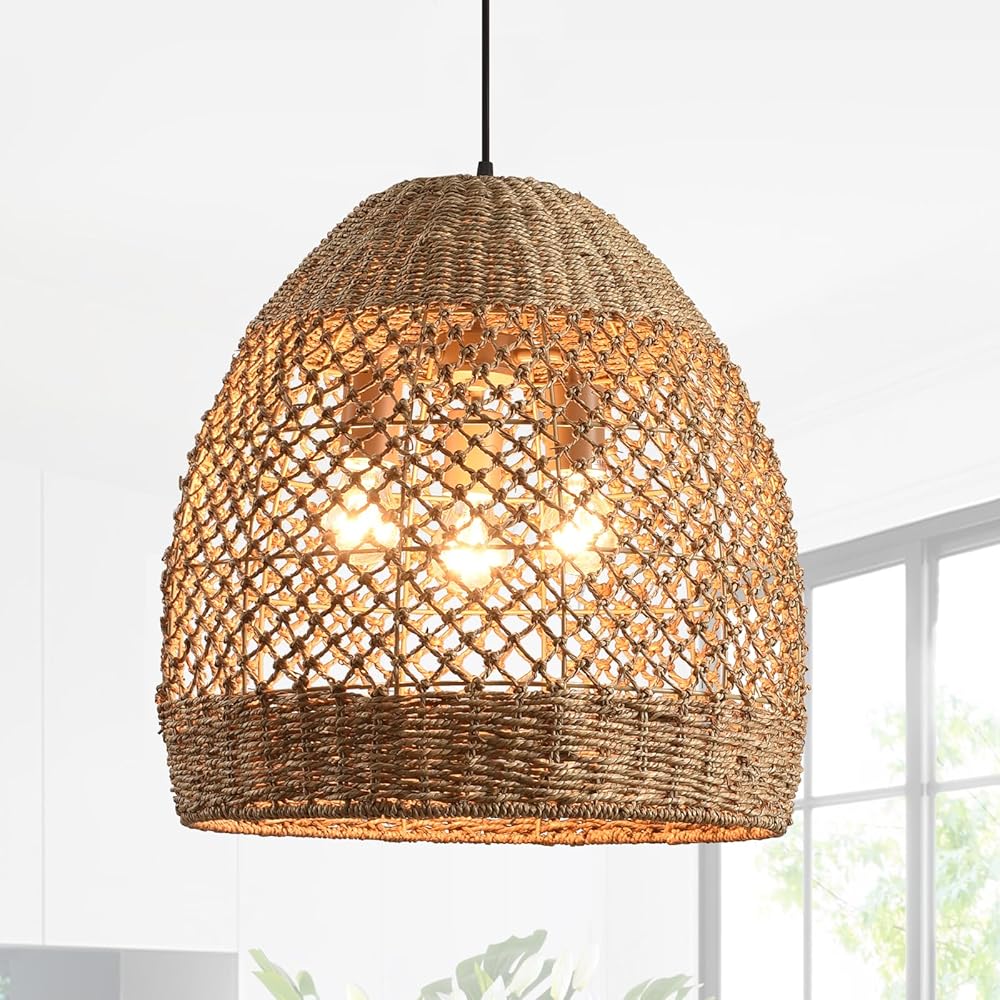 3 Light Rattan Pendant Light Fixture, Handmade Rattan Wicker Bohemian Ceiling Light, Kitchen Island Farmhouse Dining Room Height Adjustable