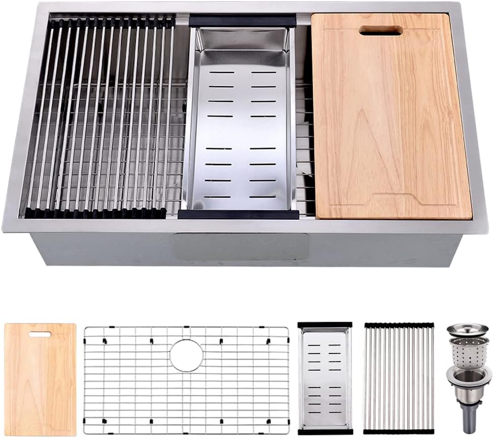 30 Inch Undermount Kitchen Sink Stainless Steel, BoomHoze 30 x 19 Inch Undermount Workstation Sink Commercial 16 Gauge Stainless Steel Undermount Sink Deep Single Bowl Kitchen Sink with Accessories