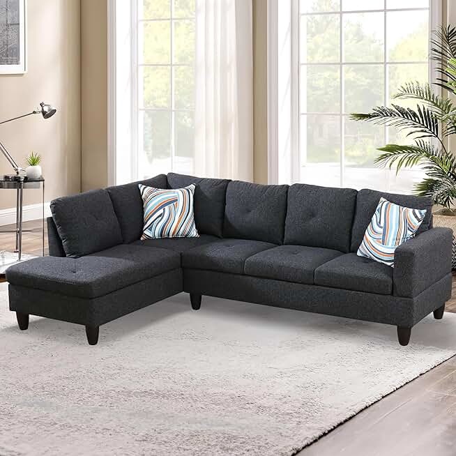 L-Shaped Sectional Sofa Set Luxurious Flannelette 5-seat Couches, Durable and Comfortable, Space-Saving Design Perfect for Modern Living Room, Apartment, Black Grey