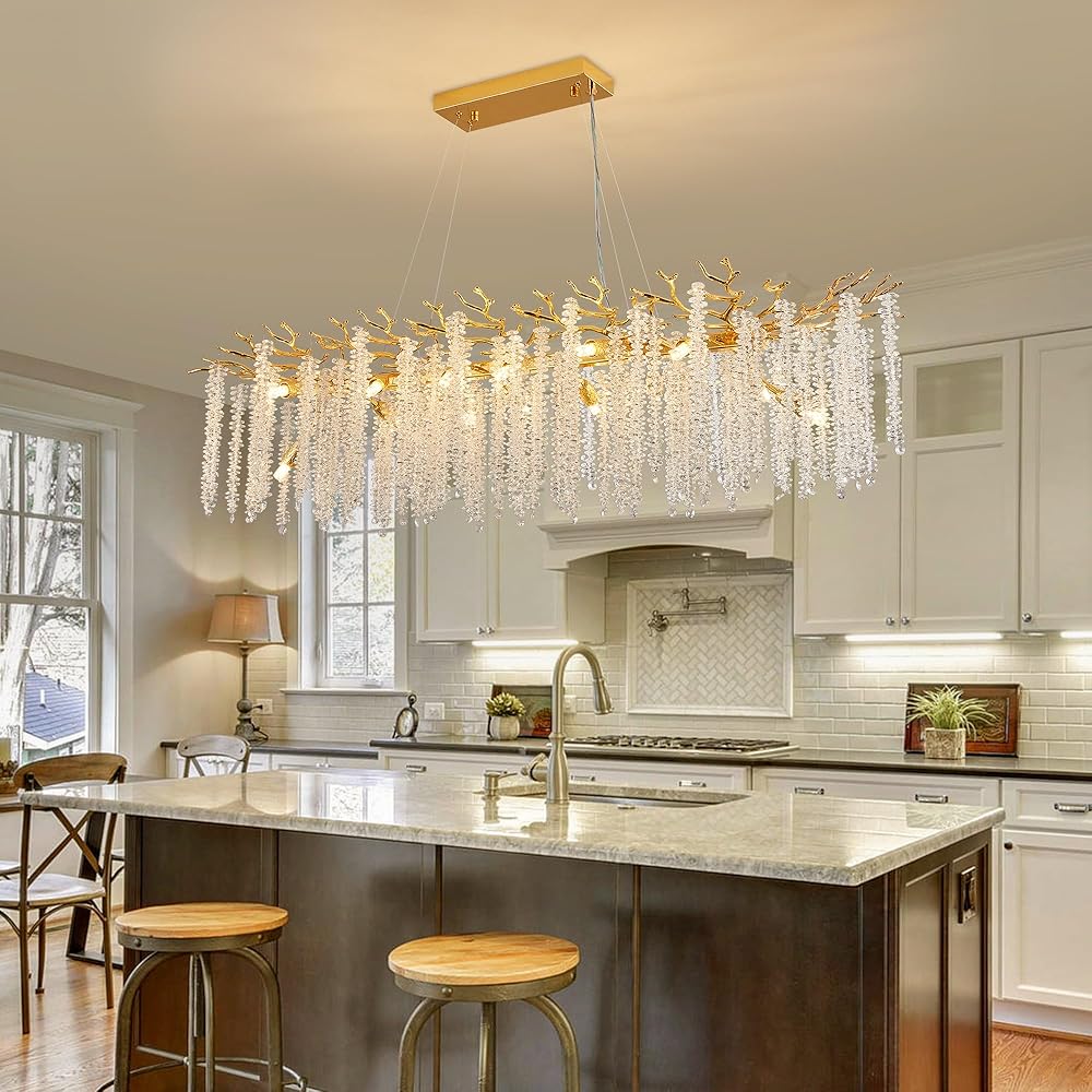Modern Crystal Tree Branch Chandelier, Gold Linear Rectangle Art Deco Raindrop Lighting Fixture for Dining Room Living Room Kitchen Island 14 Lights L47.3''