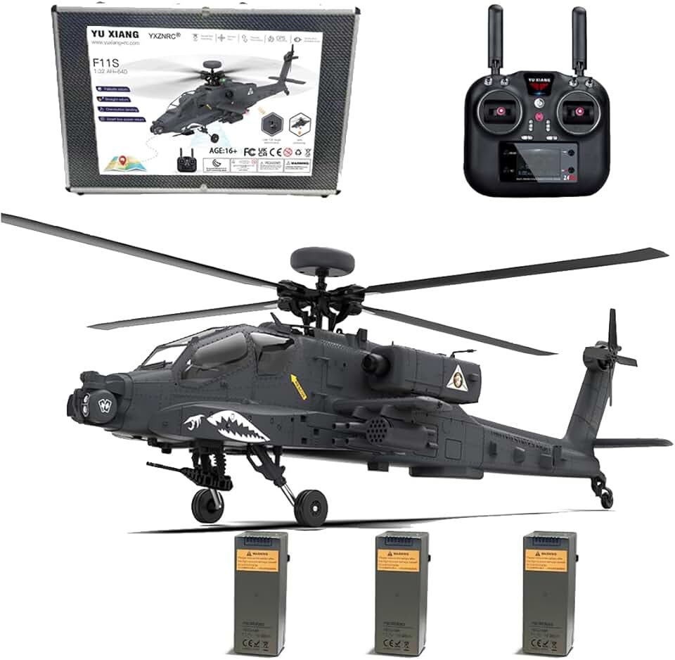 YUXIANG F11-S AH64 RC Helicopter, 1:32 6CH Remote Control Aircraft with Dual-Axis Co-Drive Flybarless 6G/3D Stunt GPS Smart Military Airplane Toys Gift for Adults