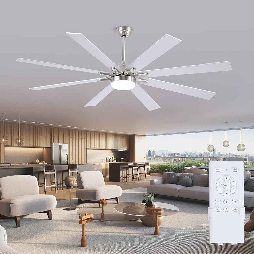 72 Inch Ceiling Fans with Lights and Remote, Modern Indoor Outdoor Large Ceiling Fan for Bedroom Living Room Patio Porch, 6 Speeds, Reversible Quiet Motor, Dual Finish Wooden Blades, Nickel