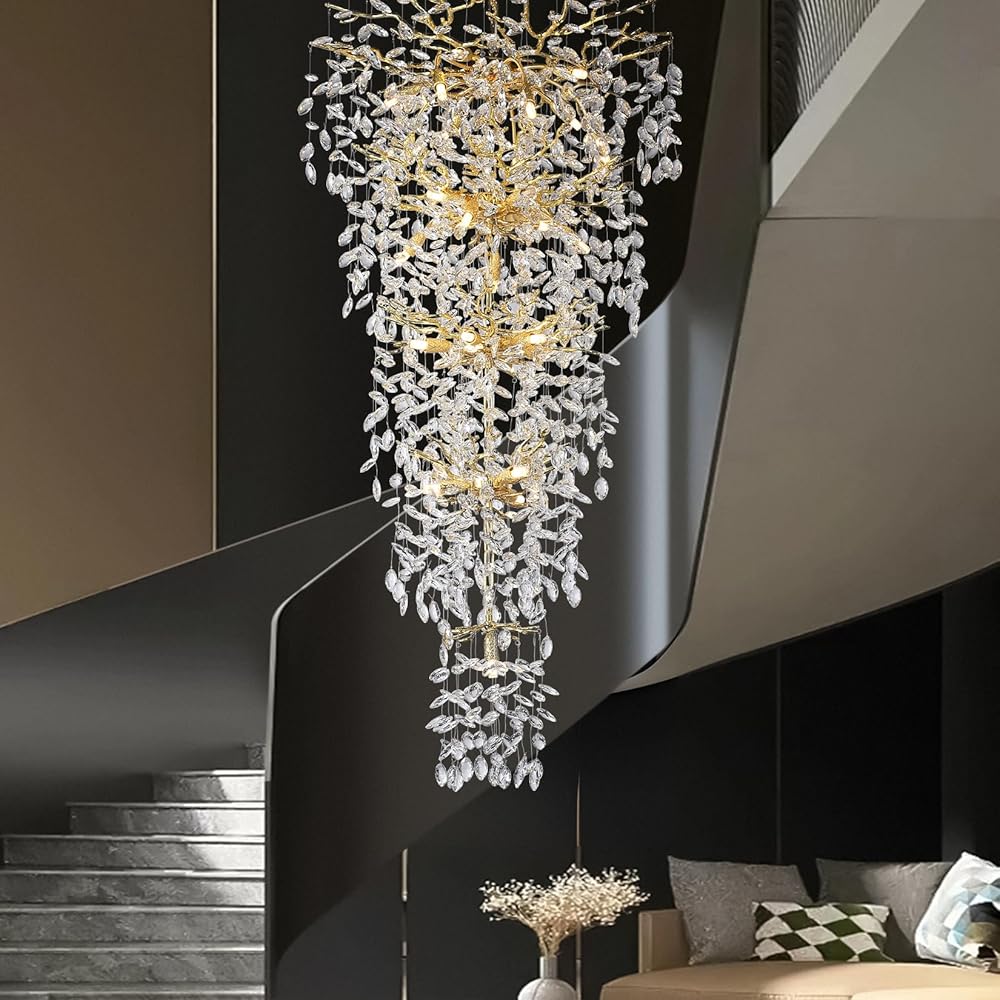 YUYI H118''Luxury Tree Branches Chandelier for Entryway,Gold 28-Lights Staircase Crystal Chandeliers High Ceiling Pendant Lighting Hanging Light for Living Room